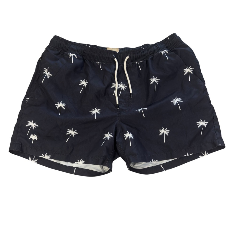 OAS Mens XL Navy Blue Palm Tree 4" Swim Trunks Shorts Fast Drying Mesh Lined euc
